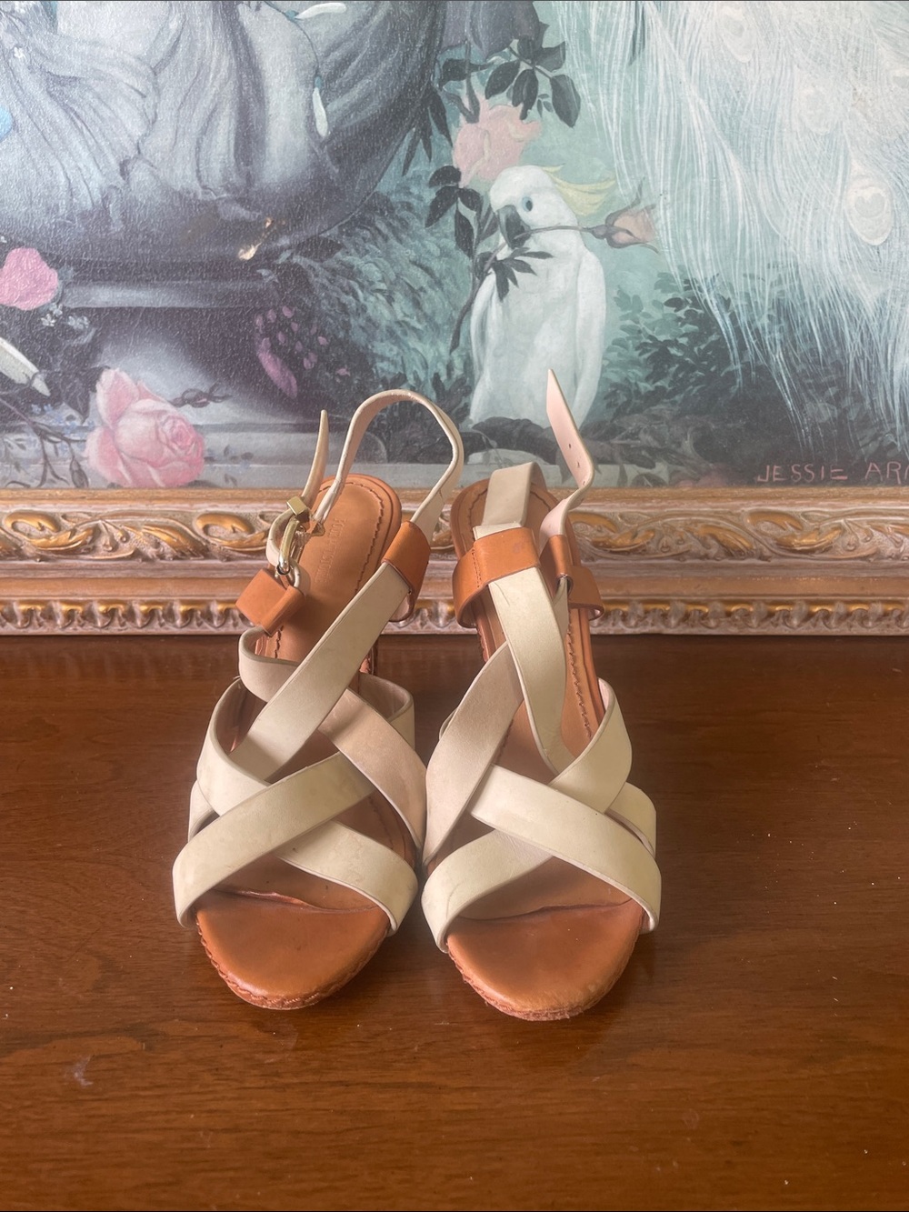 Pour La Victorie Cream and Tan Crisscross Wedge Sandals